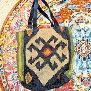 LOVESTITCH Bohemian Black and Tan Woven Tote Bag with Leather Handles